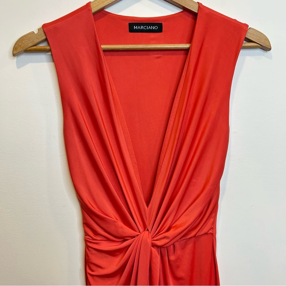 Marciano Plunge Neck Faux Wrap Midi Dress Coral - Picture 4 of 6